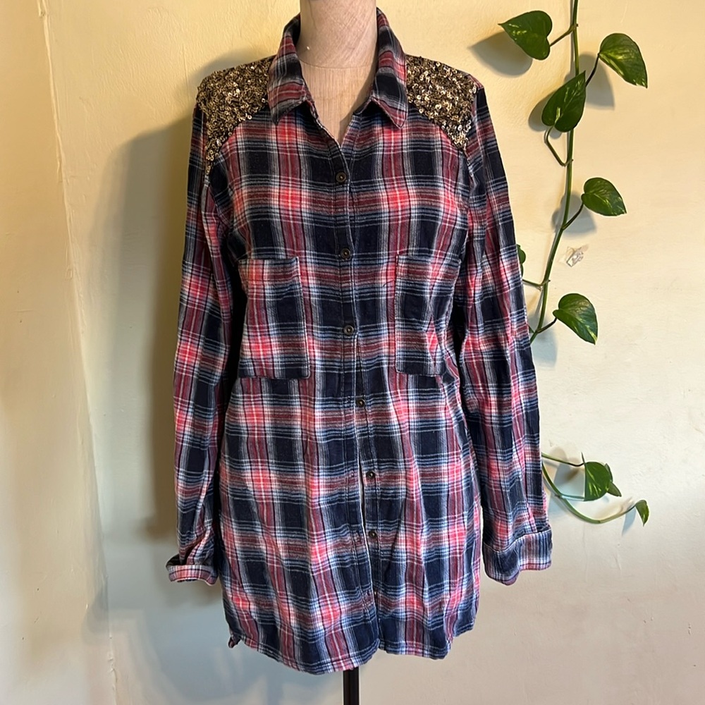 Free People Plaid Sequin Boho Button Down Shirt L
